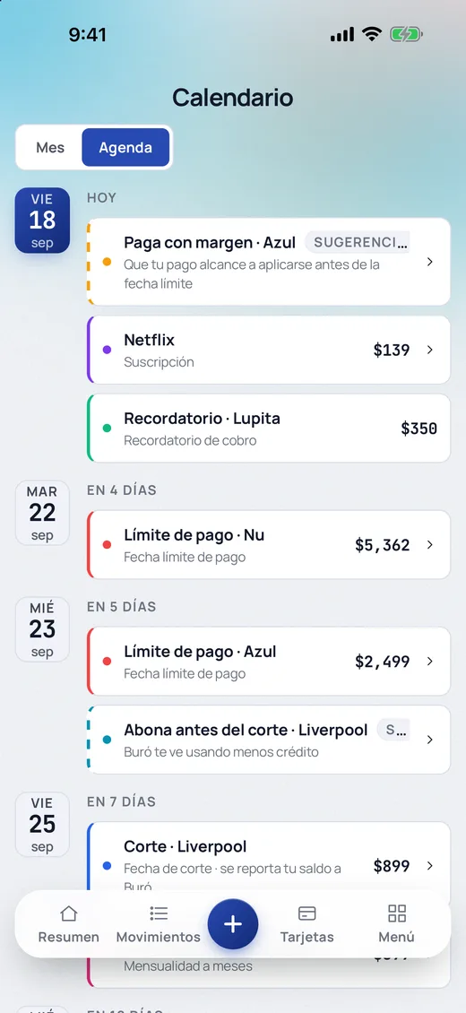 Agenda con lo que toca pagar cada día: fecha límite de cada tarjeta y cargos recurrentes