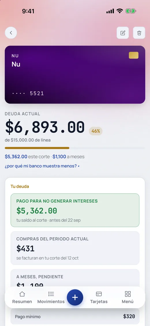 Detalle de una tarjeta con el pago para no generar intereses y su fecha